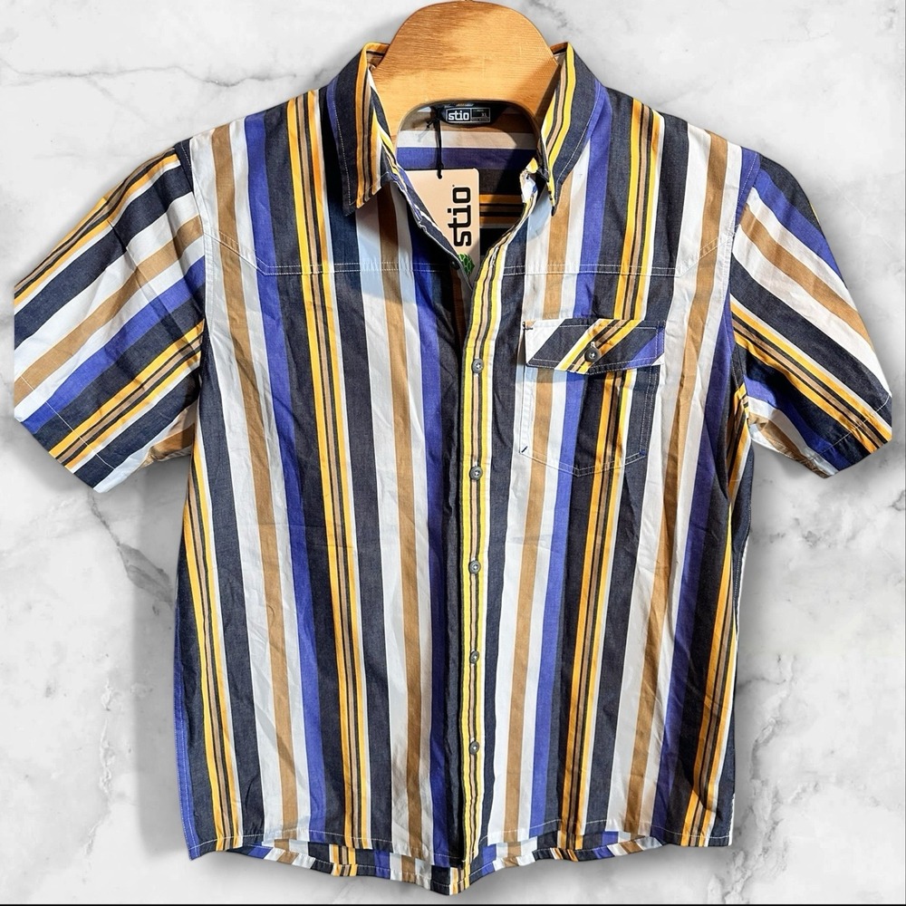 NEW Stio Shirt Mens XL Curtis Camp Button Up Vertical Striped Muted Mist Organic